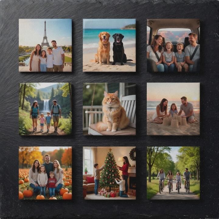A grid of square photo magnets