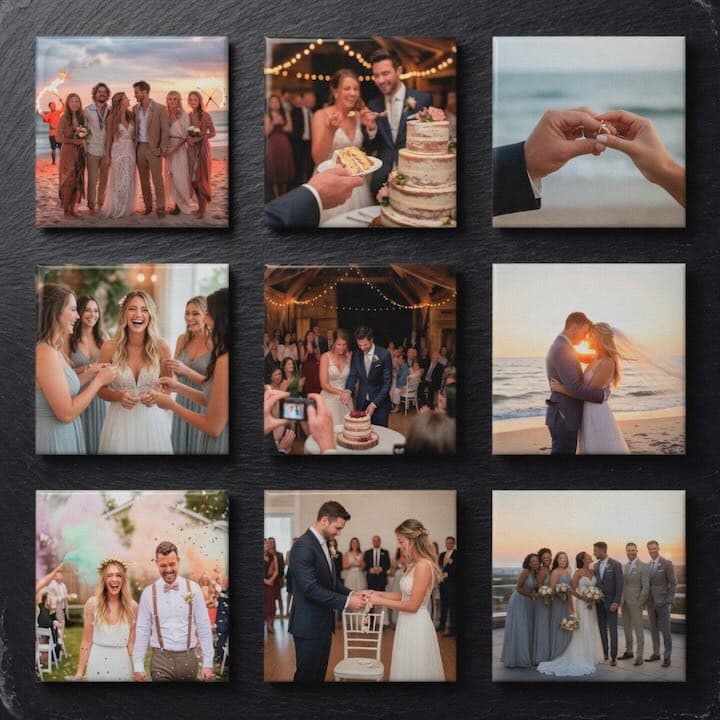 Custom square photo magnets arranged in a grid